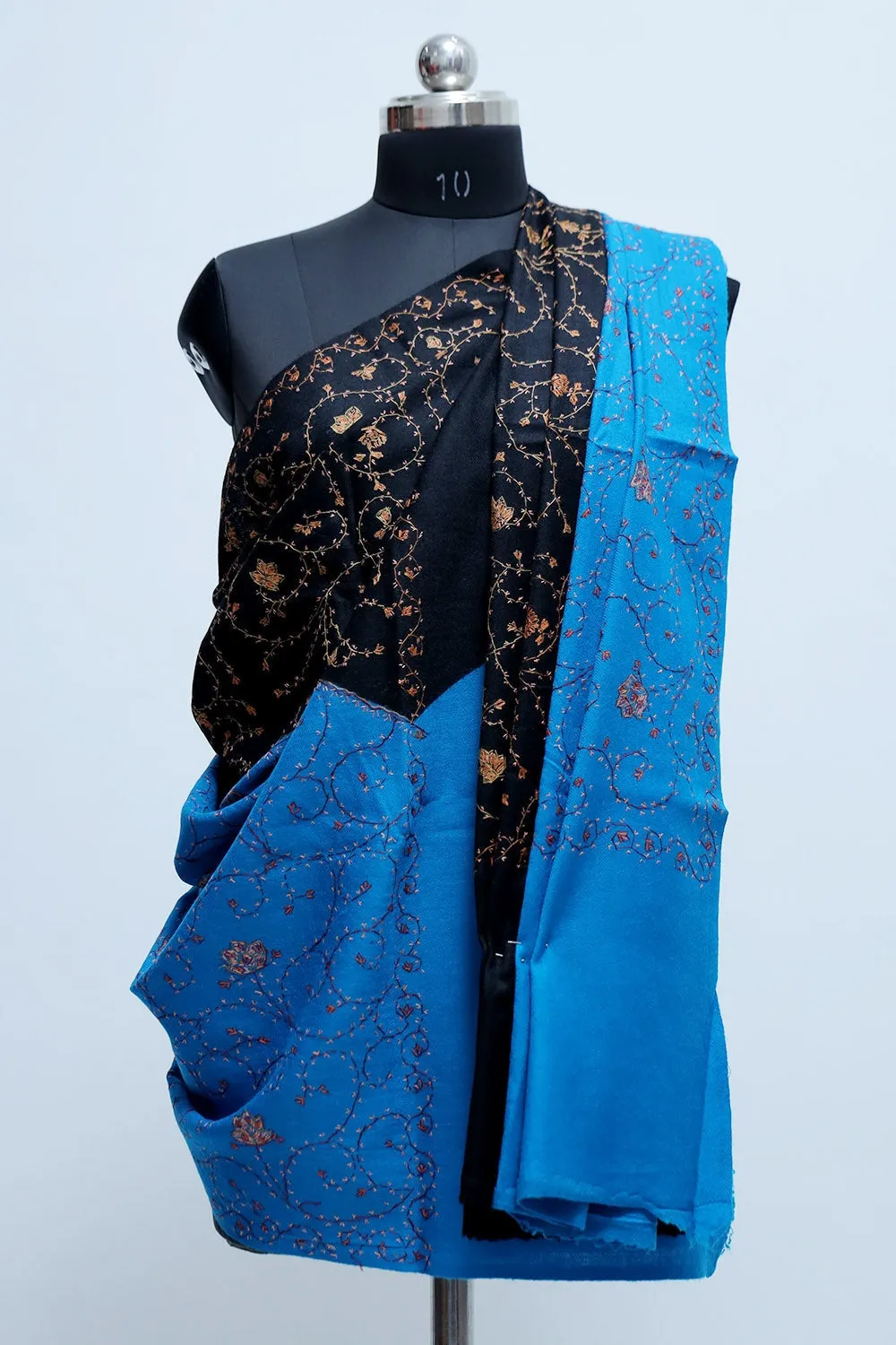 Black-Blue Colour Kashmiri Sozni Work Shawl With Running Jaal Pattern
