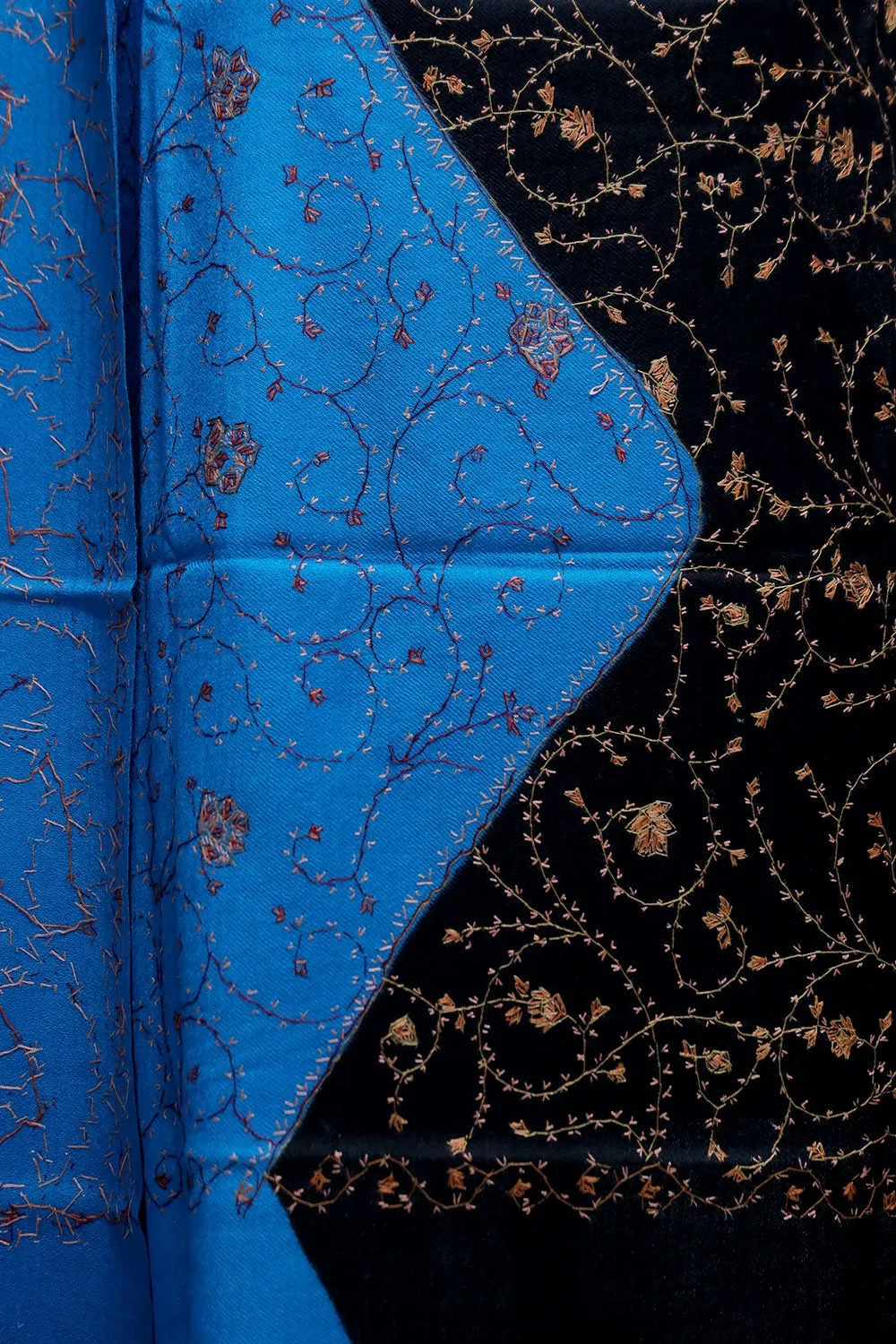 Black-Blue Colour Kashmiri Sozni Work Shawl With Running Jaal Pattern