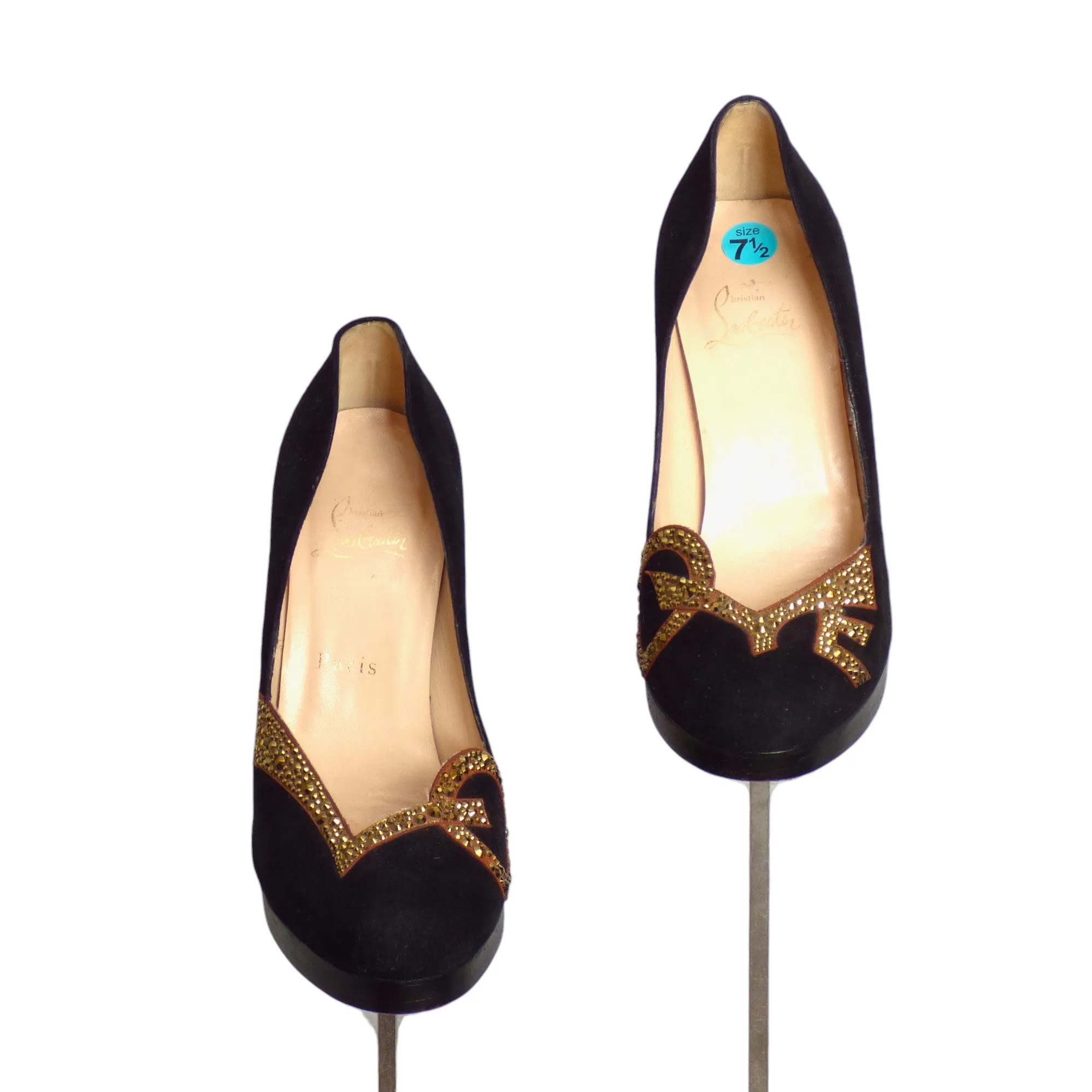 CHRISTIAN LOUBOUTIN- 2018 Black & Gold Rhinestone "Love" Pumps, Size 38