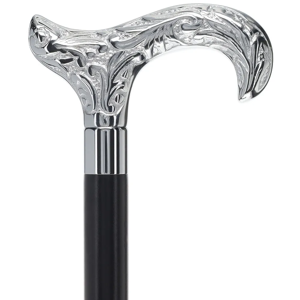 Derby Premium Chrome Brass Flask Cane: Wood Shaft Hidden Flask