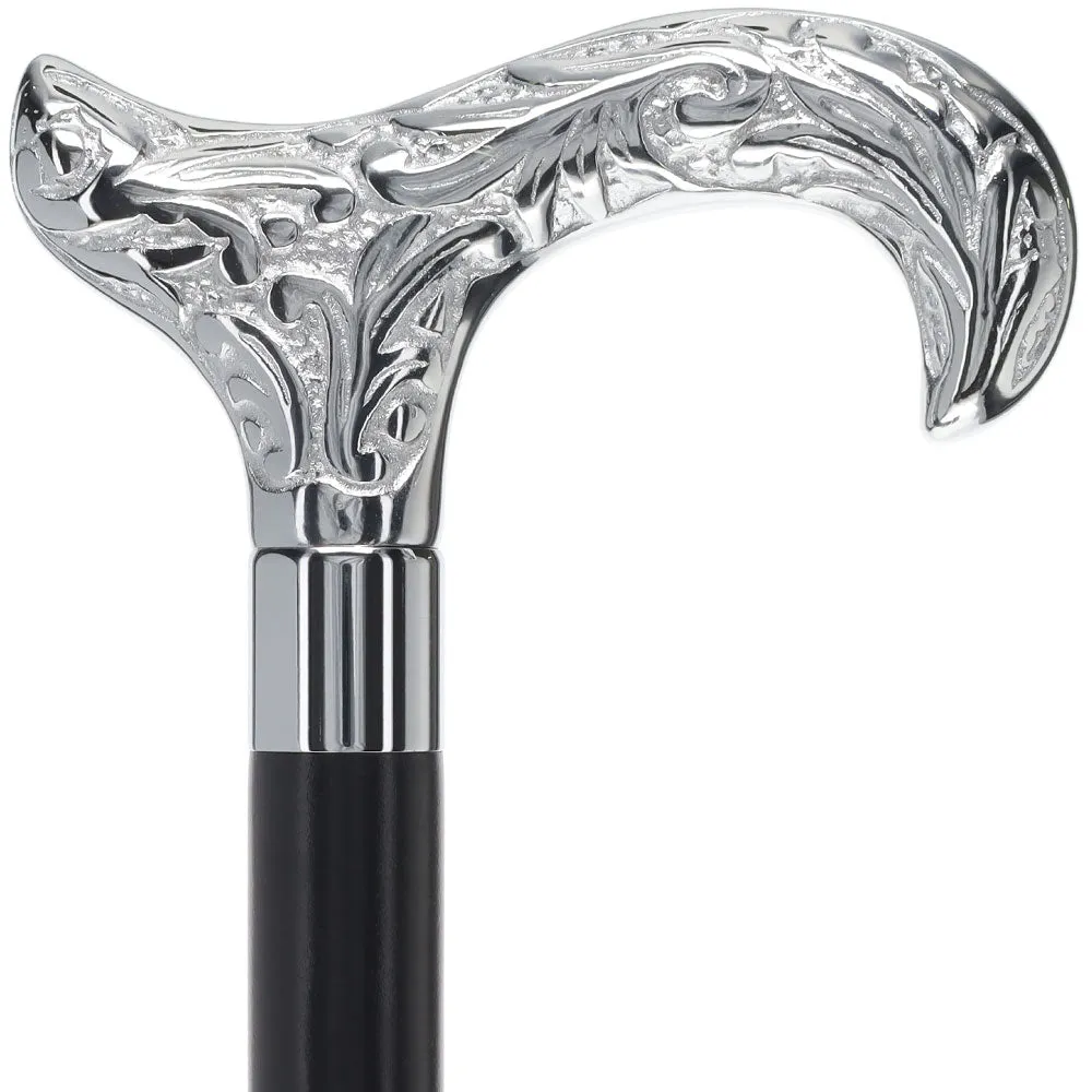 Derby Premium Chrome Brass Flask Cane: Wood Shaft Hidden Flask