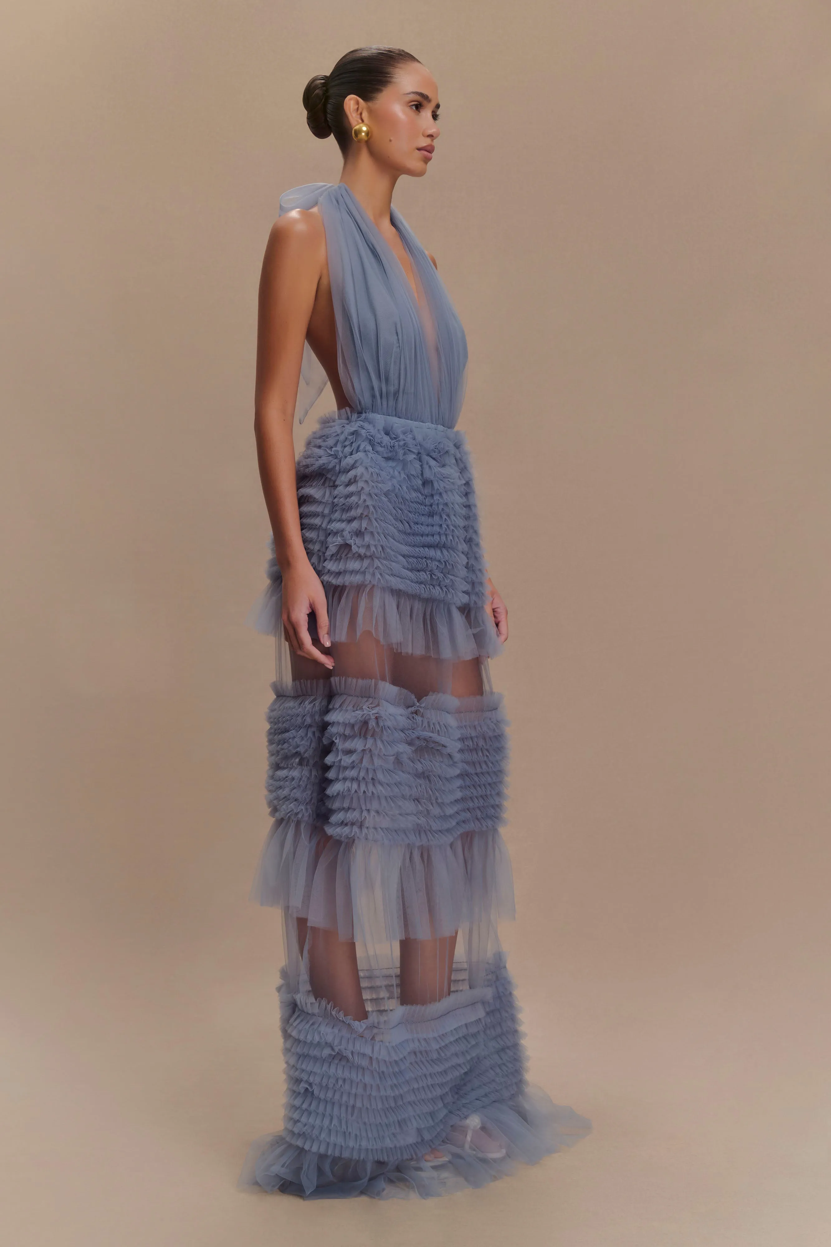Minka Mesh Ruffle Halter Maxi Dress - Dusty Blue