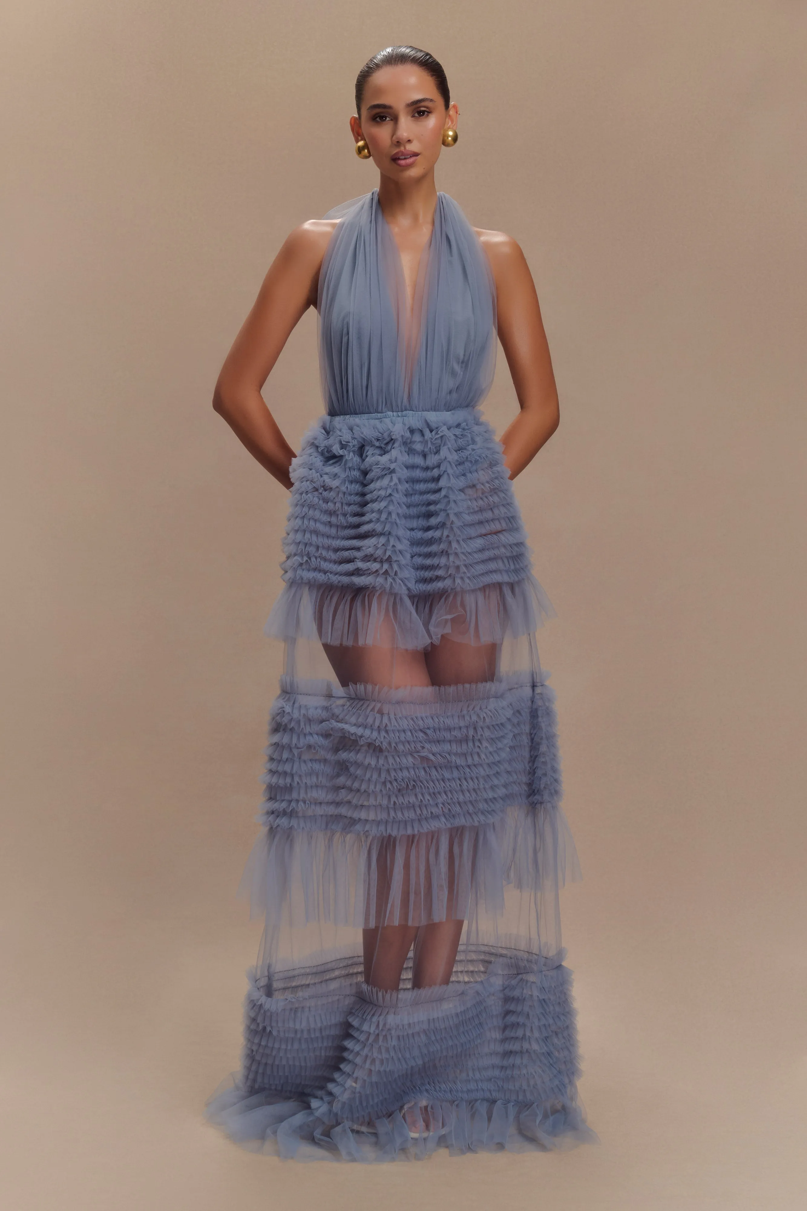 Minka Mesh Ruffle Halter Maxi Dress - Dusty Blue