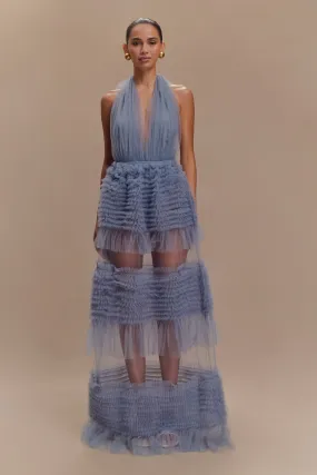 Minka Mesh Ruffle Halter Maxi Dress - Dusty Blue