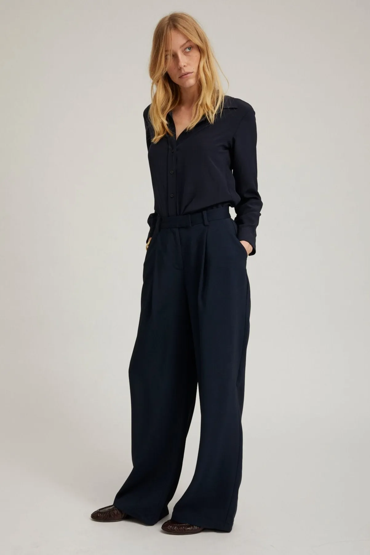 Navy Crepe Straight Leg Pleated Trousers