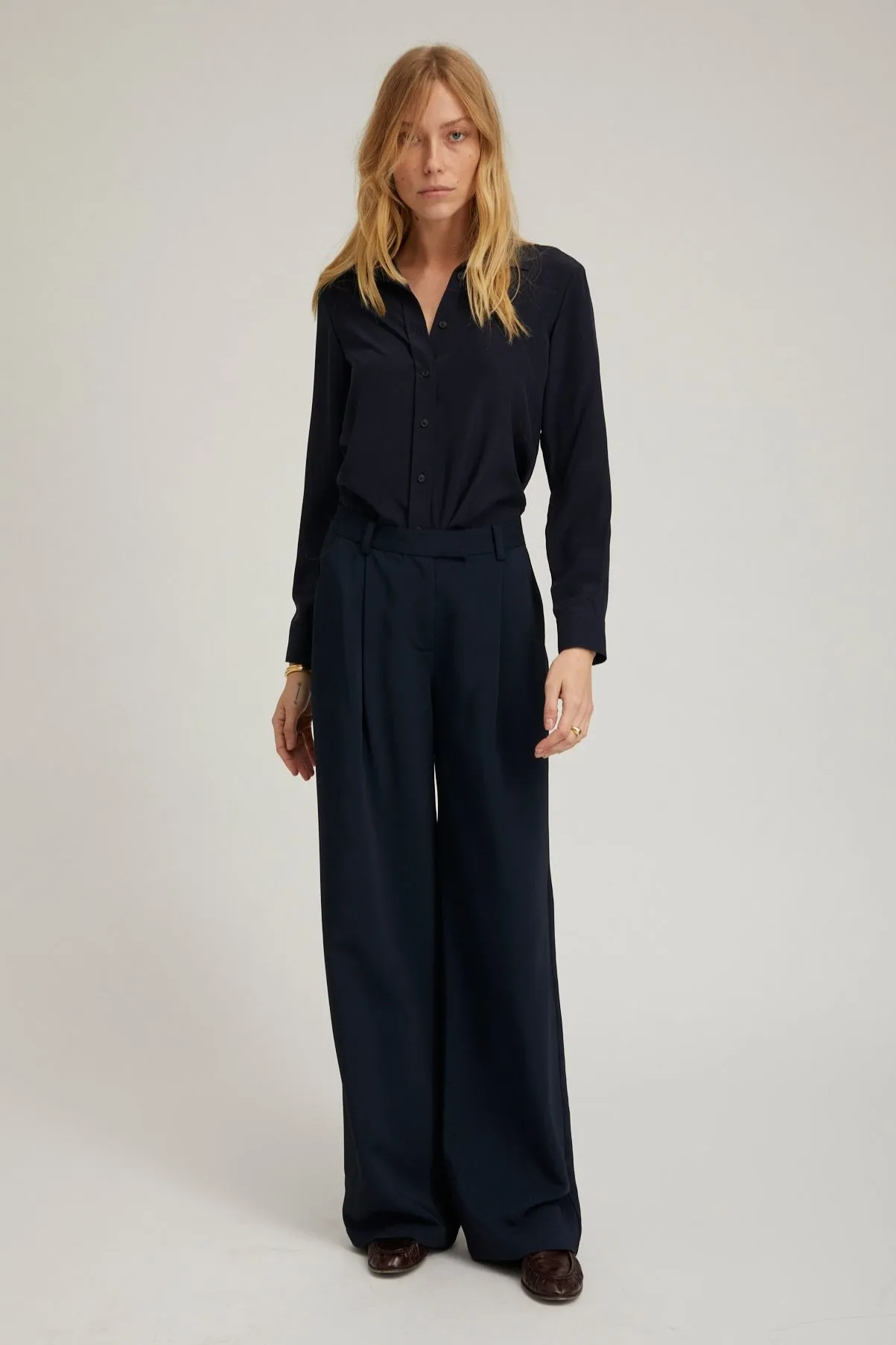 Navy Crepe Straight Leg Pleated Trousers