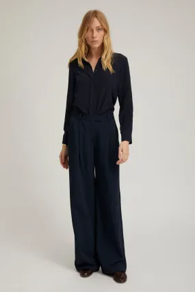 Navy Crepe Straight Leg Pleated Trousers
