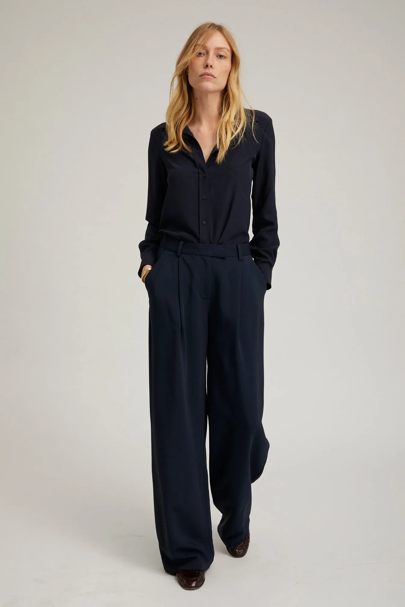 Navy Crepe Straight Leg Pleated Trousers