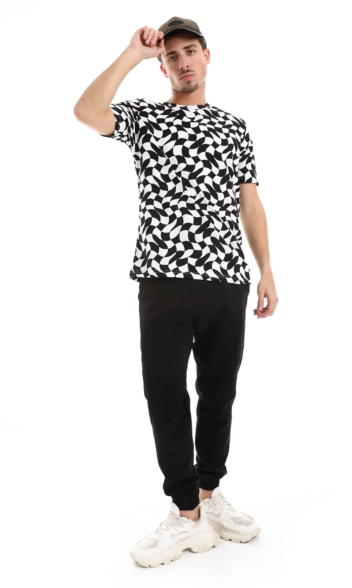 O164738 Black & White Self Patterened Slip On Tee