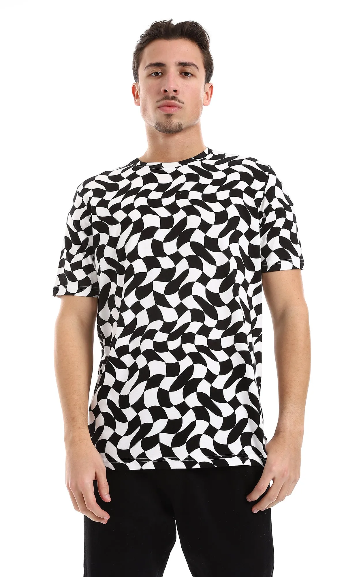 O164738 Black & White Self Patterened Slip On Tee