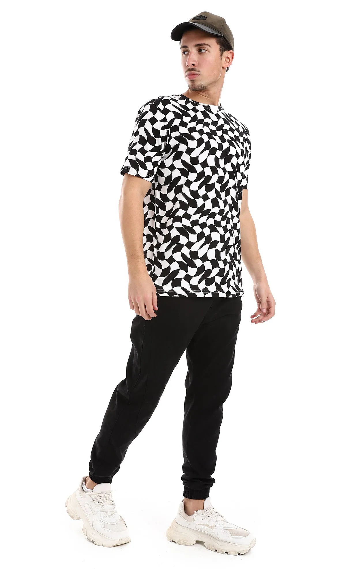O164738 Black & White Self Patterened Slip On Tee