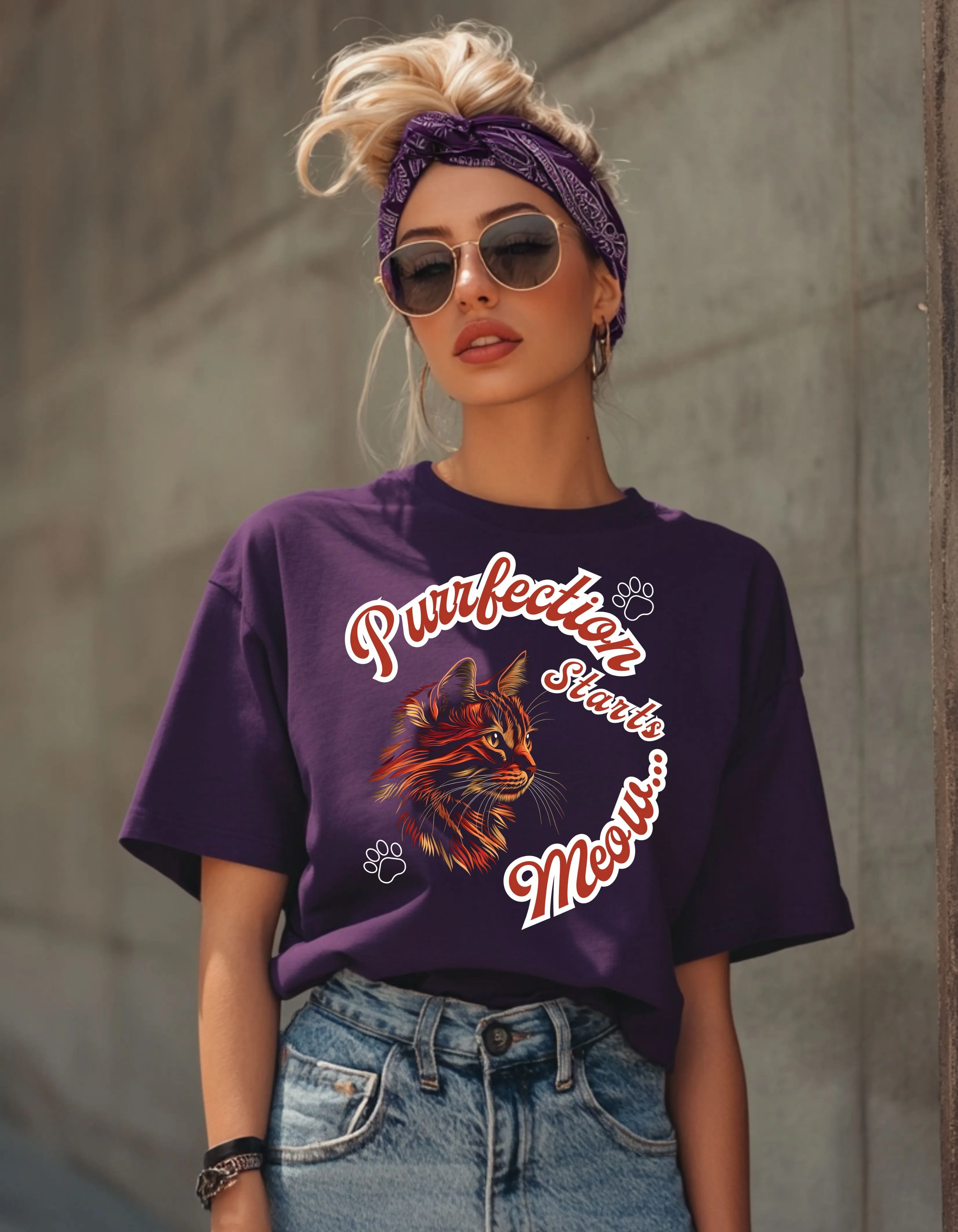 Purrfection Starts Meow | Oversized Cat Graphic Cotton T-Shirt