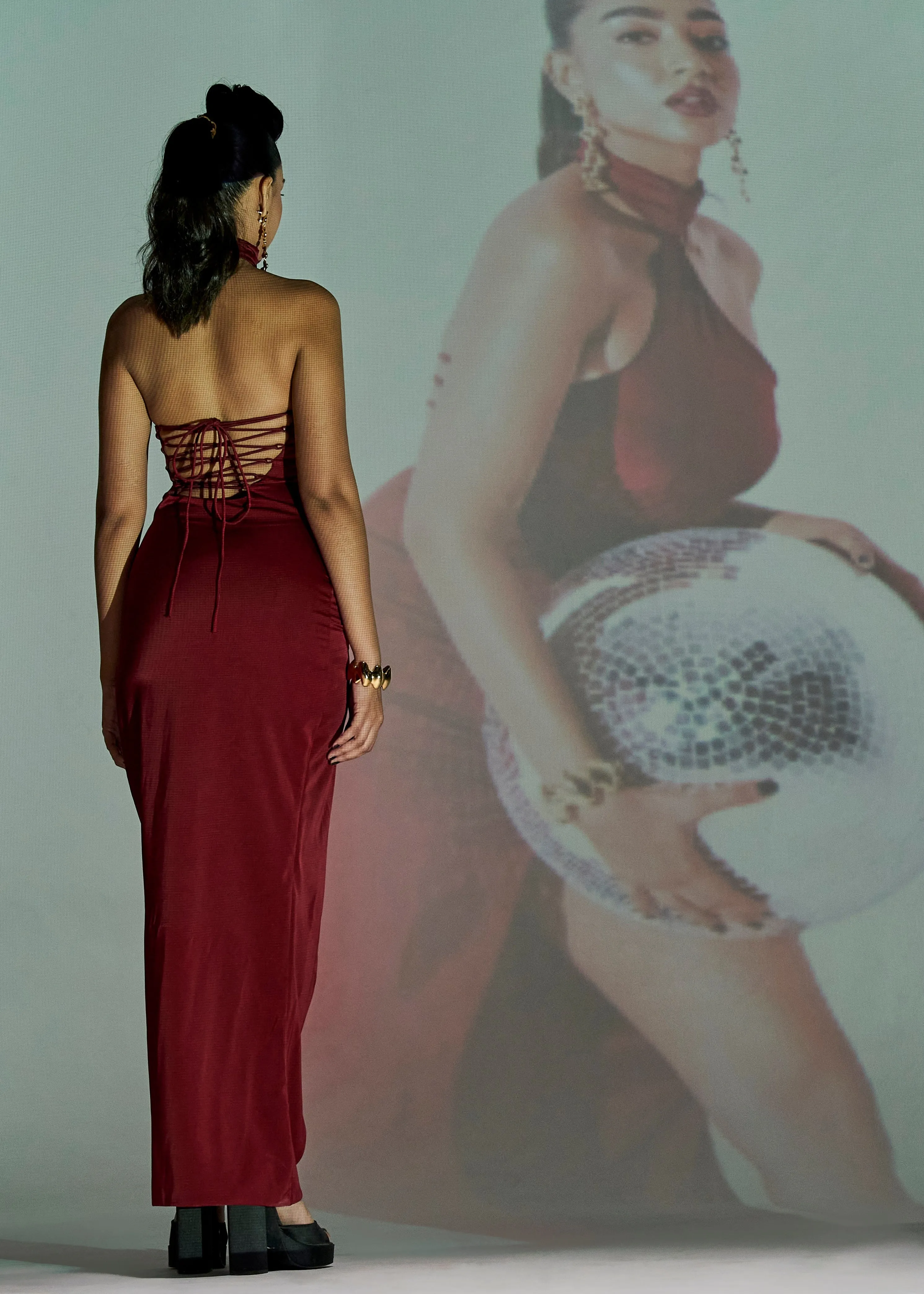 Roux Burgundy Stretch Satin Asymmetrical Cutout Dress