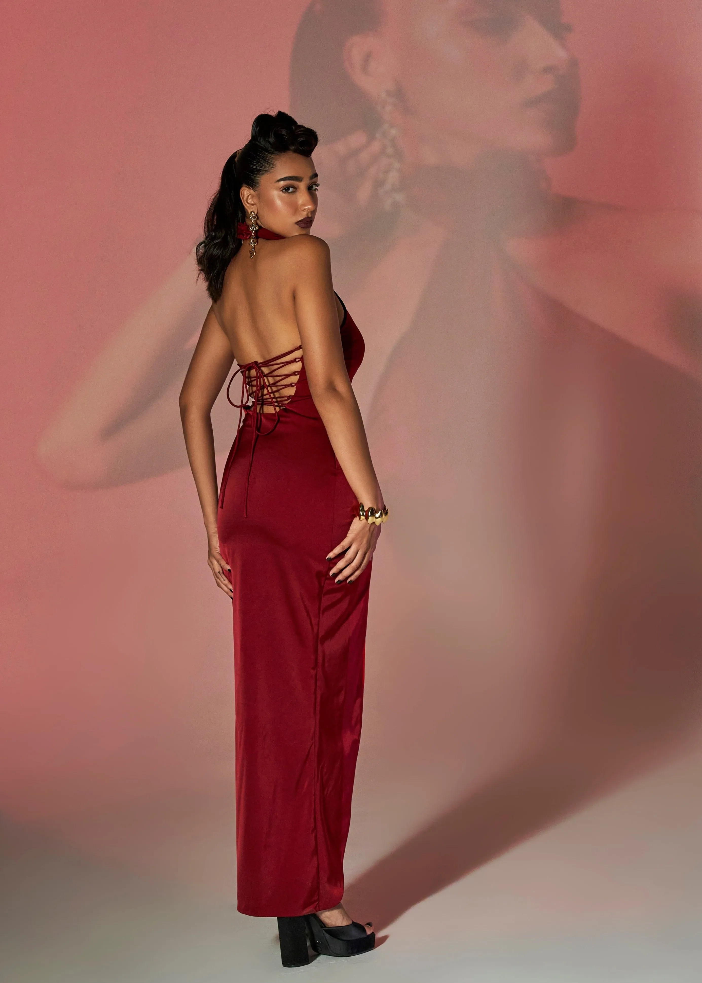 Roux Burgundy Stretch Satin Asymmetrical Cutout Dress
