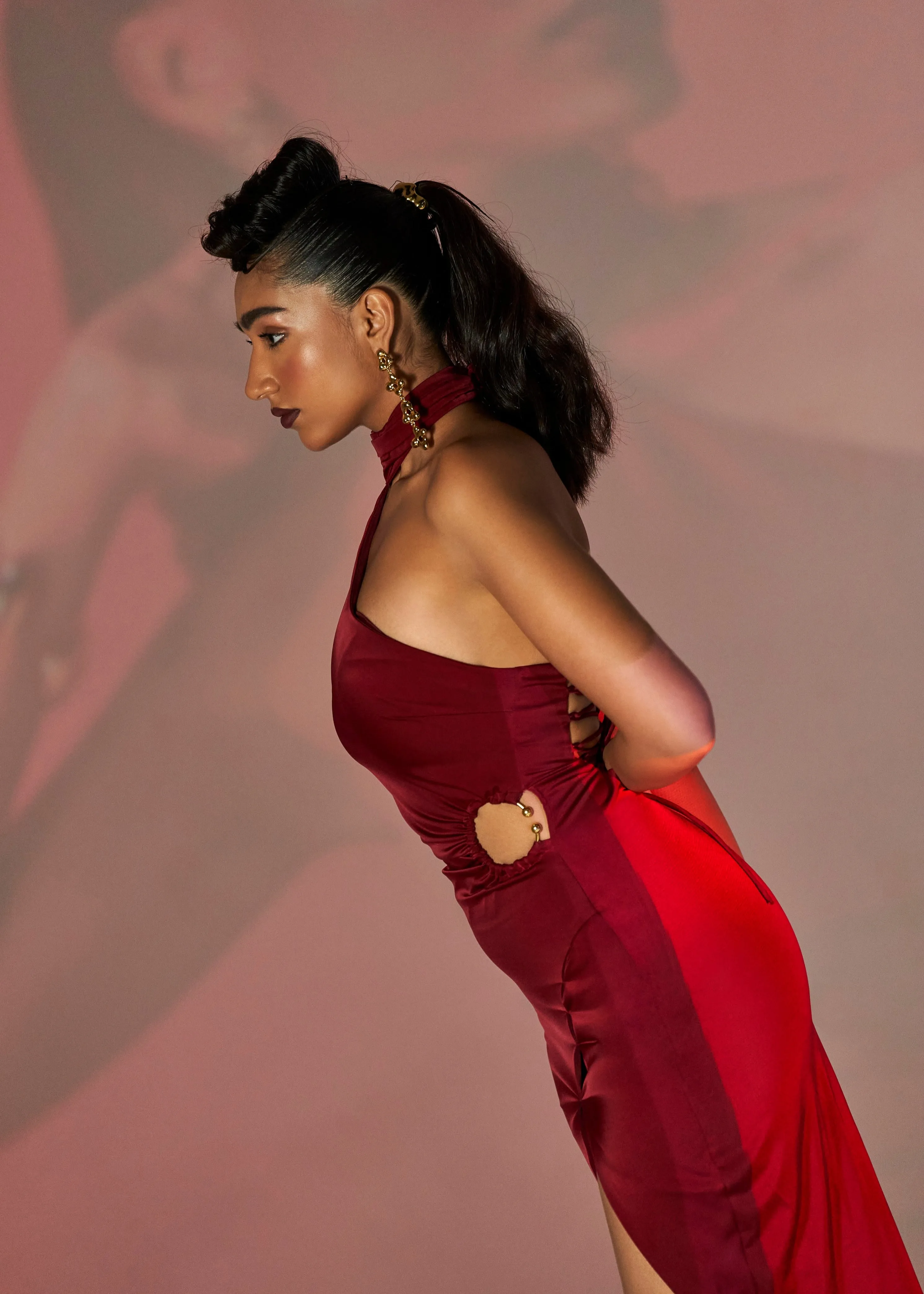 Roux Burgundy Stretch Satin Asymmetrical Cutout Dress